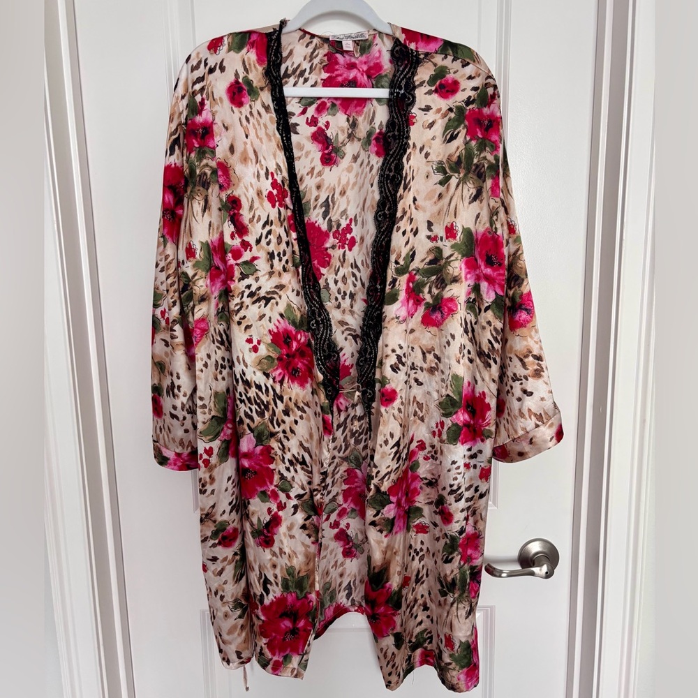 Linea Donatella Vintage Floral Leopard Print Kimono Robe XL | Boho Glam Lounge